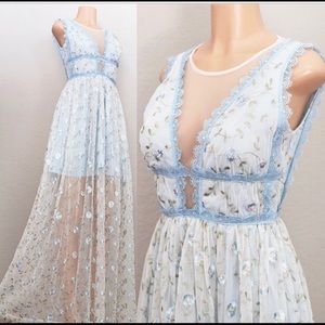 NEW Blue Floral Embroidered Mesh Tulle Maxi Dress